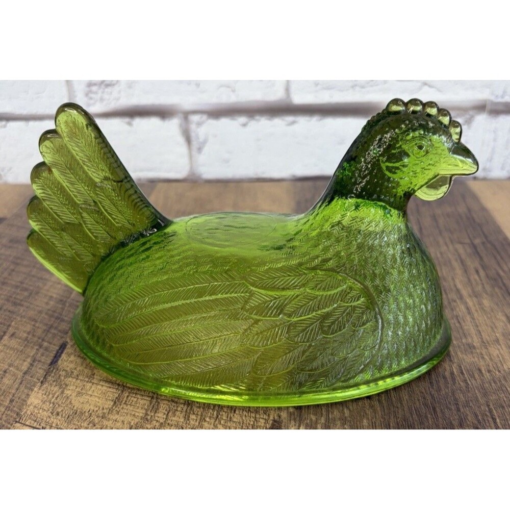 Vintage Indiana Glass Olive Green Hen On Nest Top Only Mint 6.5”